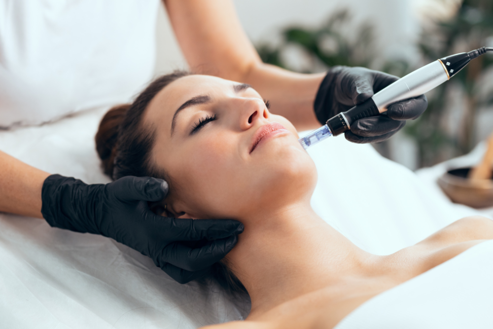 A split-screen image. One side showcases a person receiving a microneedling treatment. The other side shows a person with a healthy, glowing complexion gently touching their face.